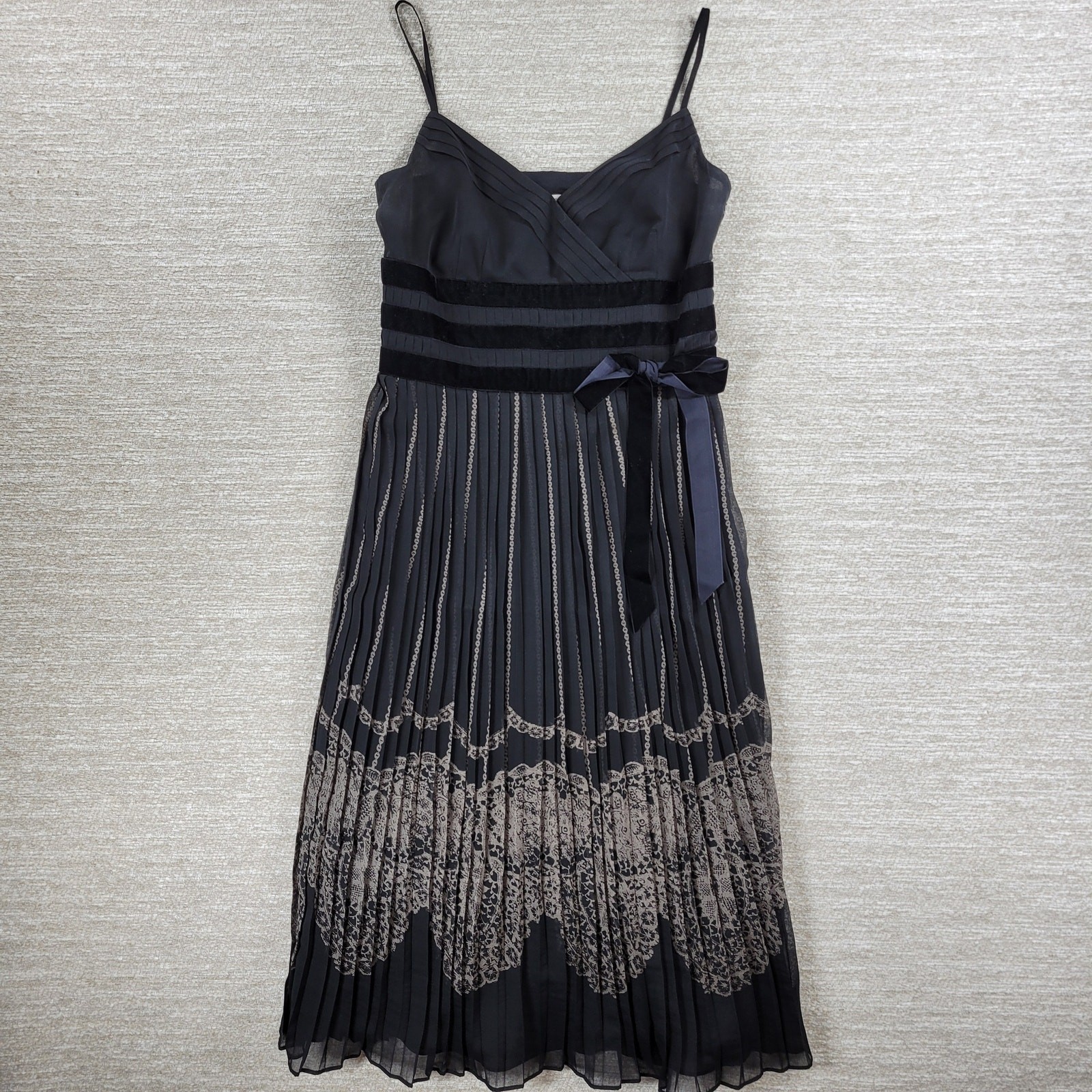 VTG Ann Taylor LOFT Faux Wrap Dress 2 Black Gray Pleated Velvet Trim Coquette