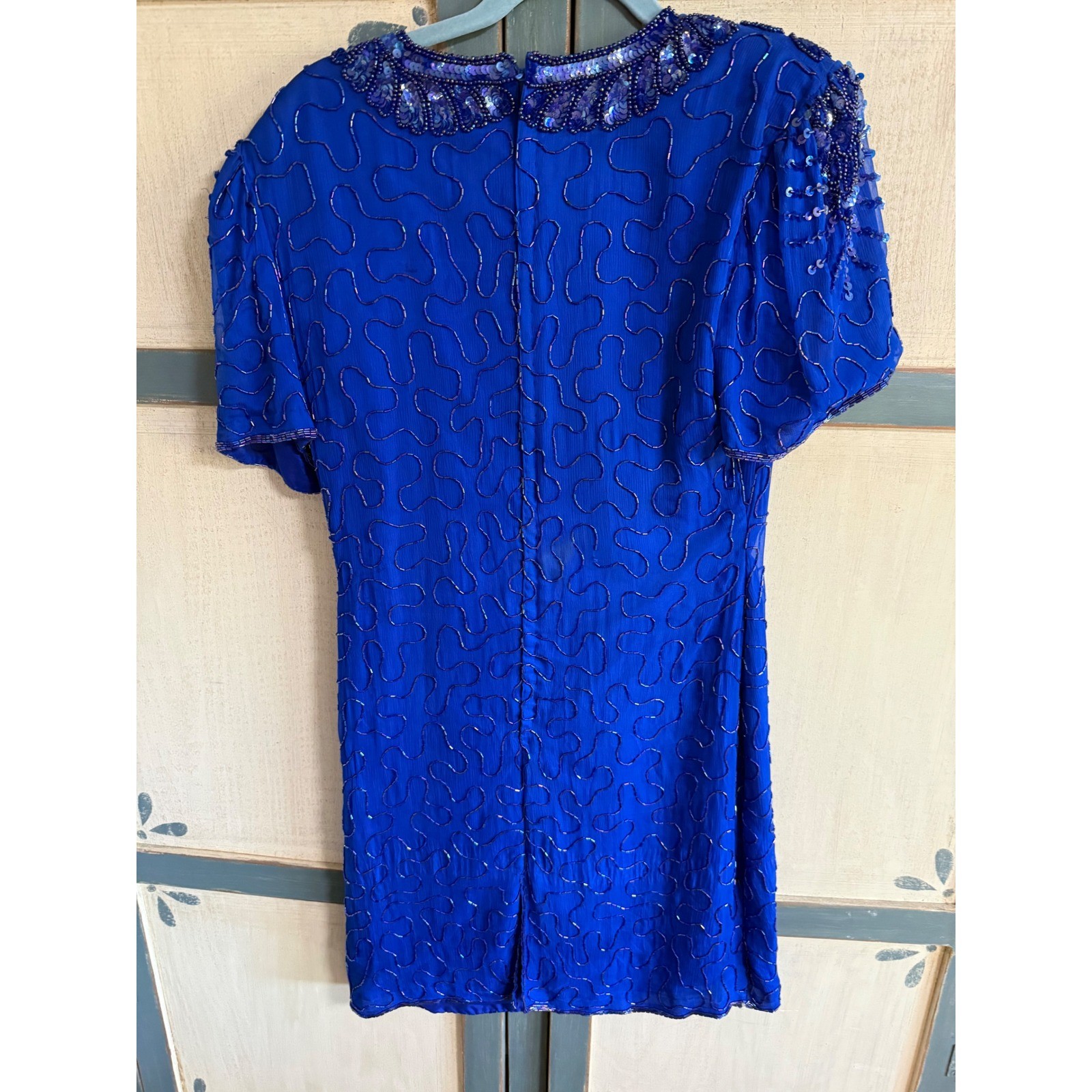 Sweelo Vintage Silk Beaded Sequin Dress Royal Blue Floral Cocktail L 10-12 Glam