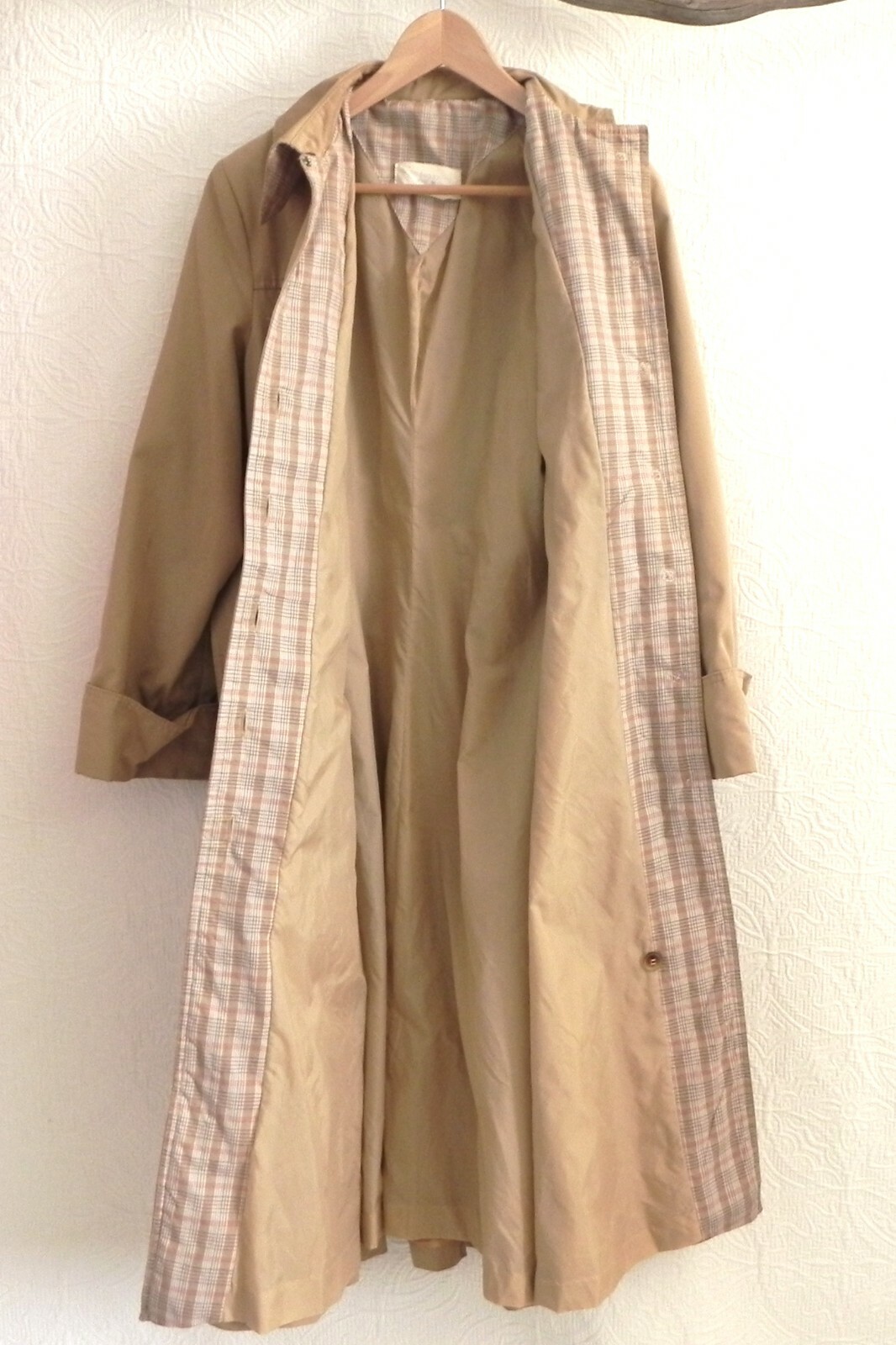 Vtg Made in Japan Trench Coat Khaki Midi Belted Pockets Cotton Blend Size S