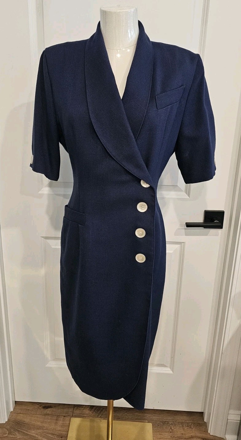 Vintage Lined Navy Pretaporte Coat Dress w/White Mother of Pearl Buttons Sz 6