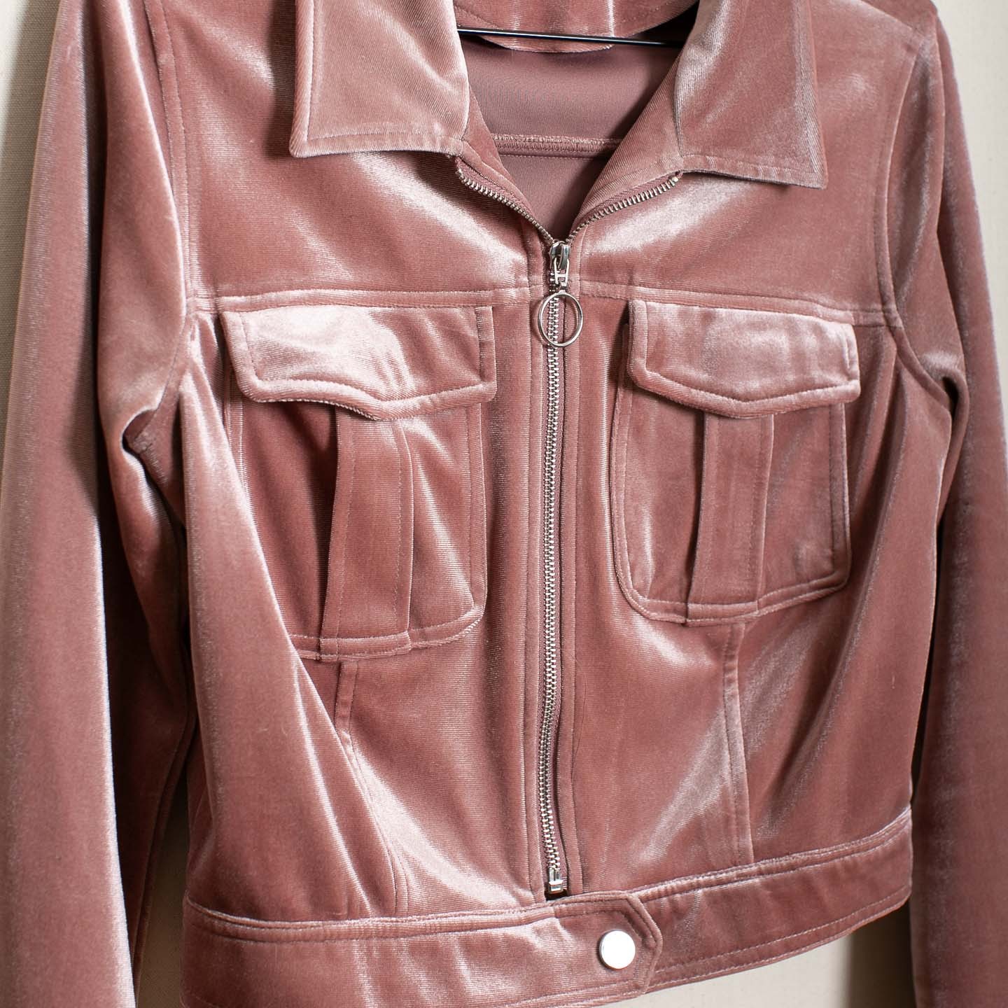 Pink Velvet Crop Jacket Zip Front Snap Cuff Dual Pockets S/M 90s Y2K Style