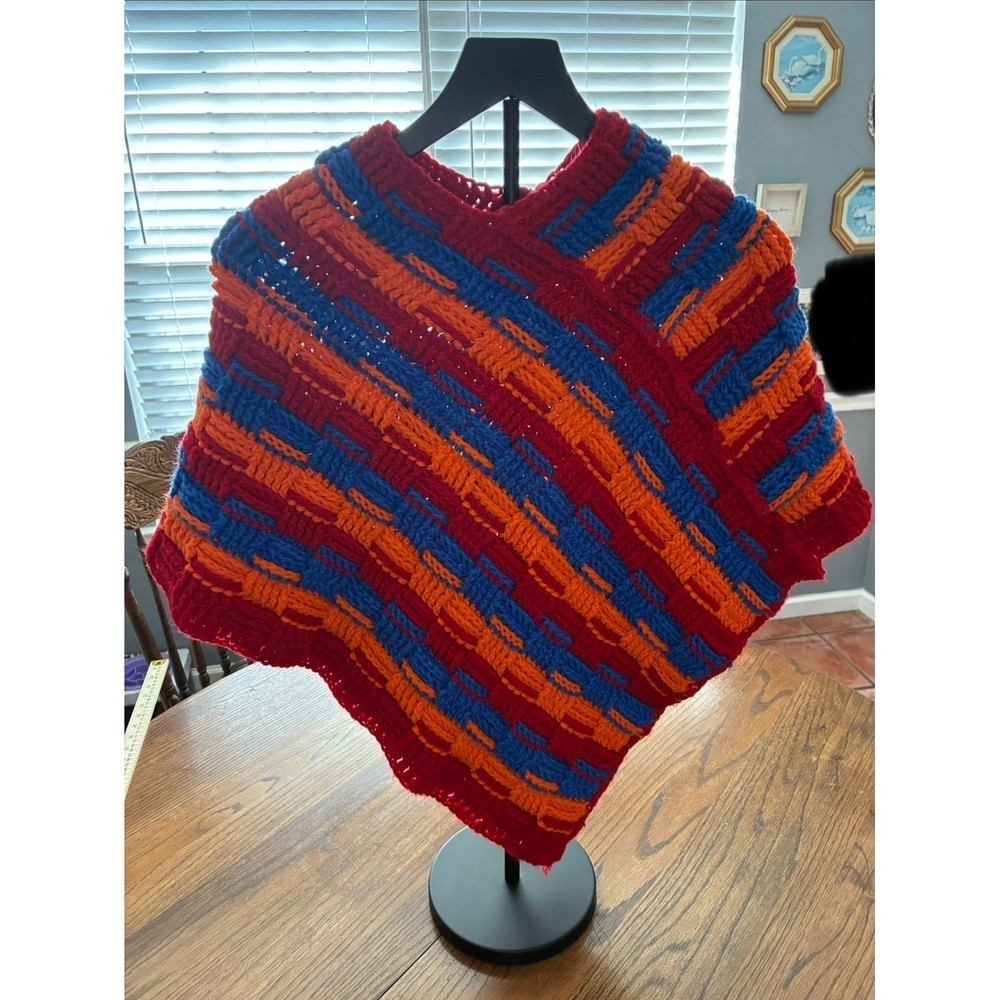 Handmade Crochet Poncho Red Orange Blue Basketweave Knit Vintage Style Wrap