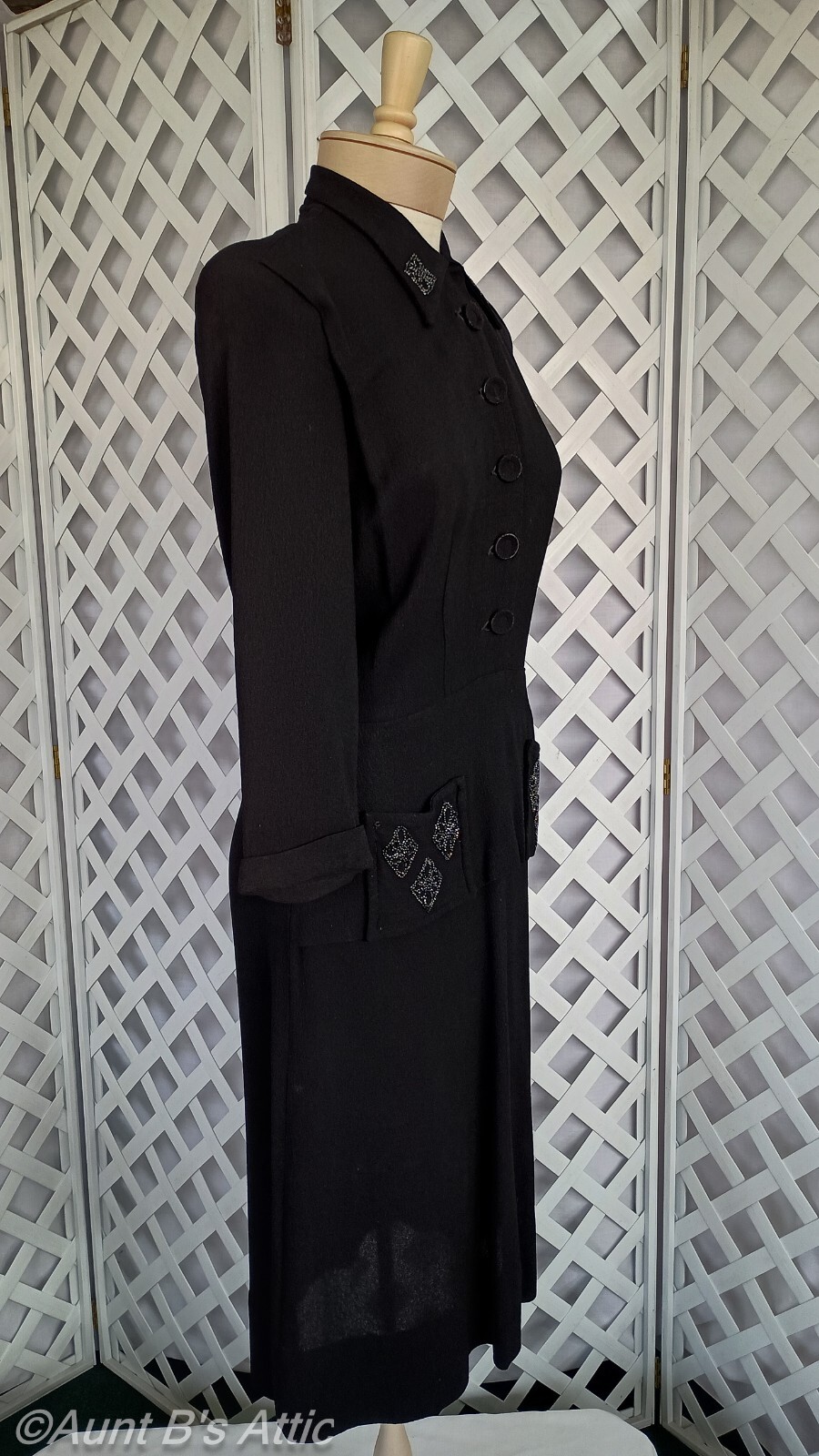 Vintage 40’s Black Textured Rayon Crepe W/ Bead Accent Pocketed Peplum Dress S/M