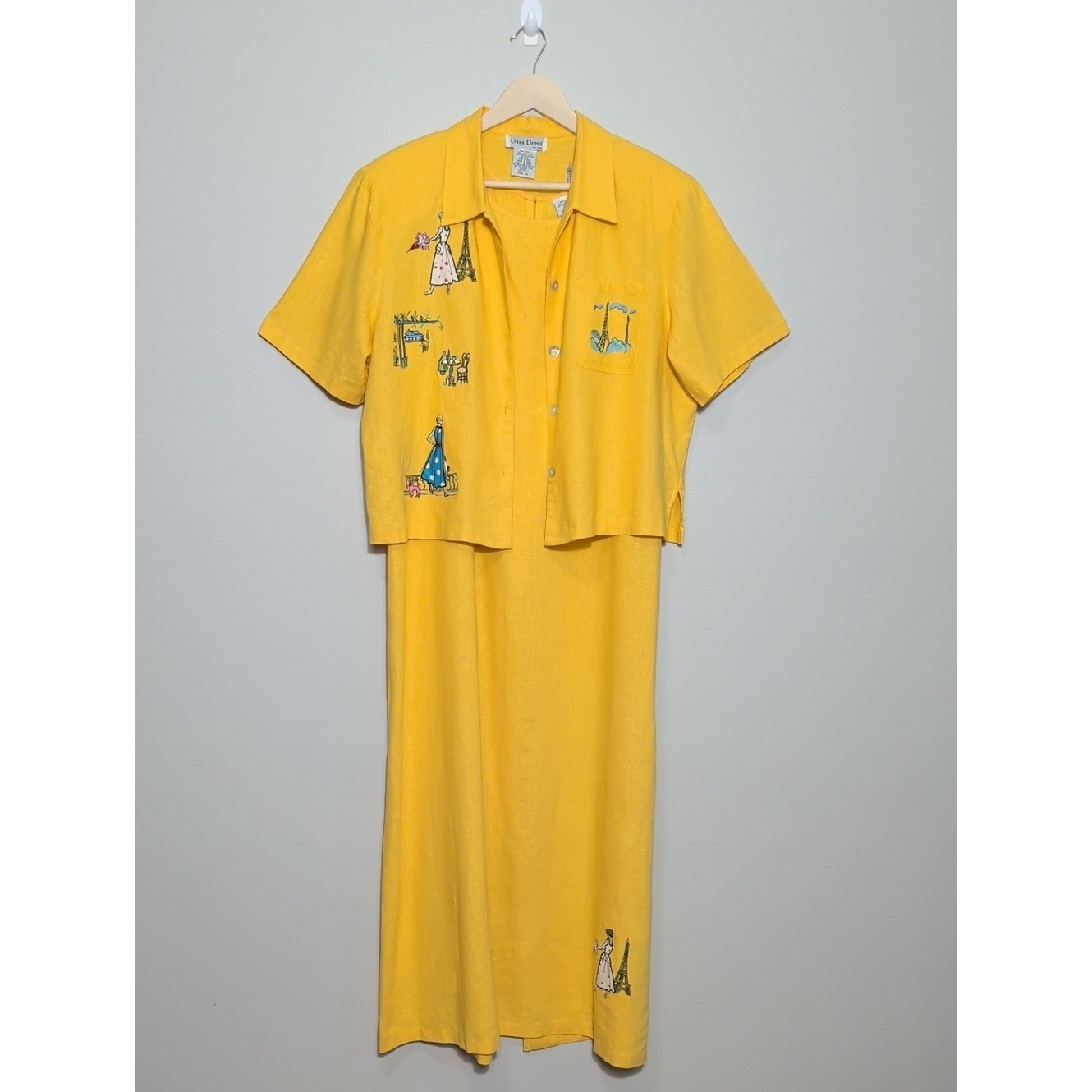 Vtg 90s Yellow Linen Two Piece Maxi Dress Set Paris Embroidery Euro Summer XL