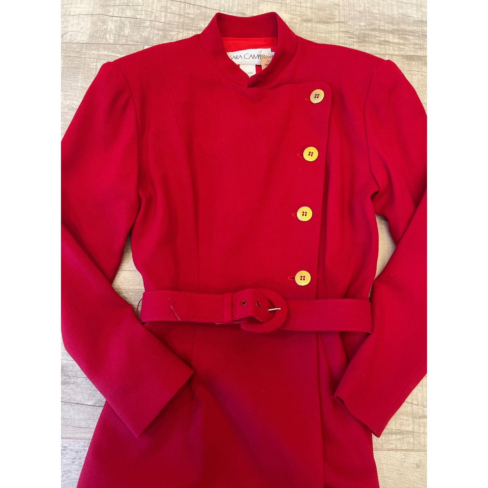 Sara Campbell Red Wool Dress Vintage Military Style Belted Asymmetrical Size 6