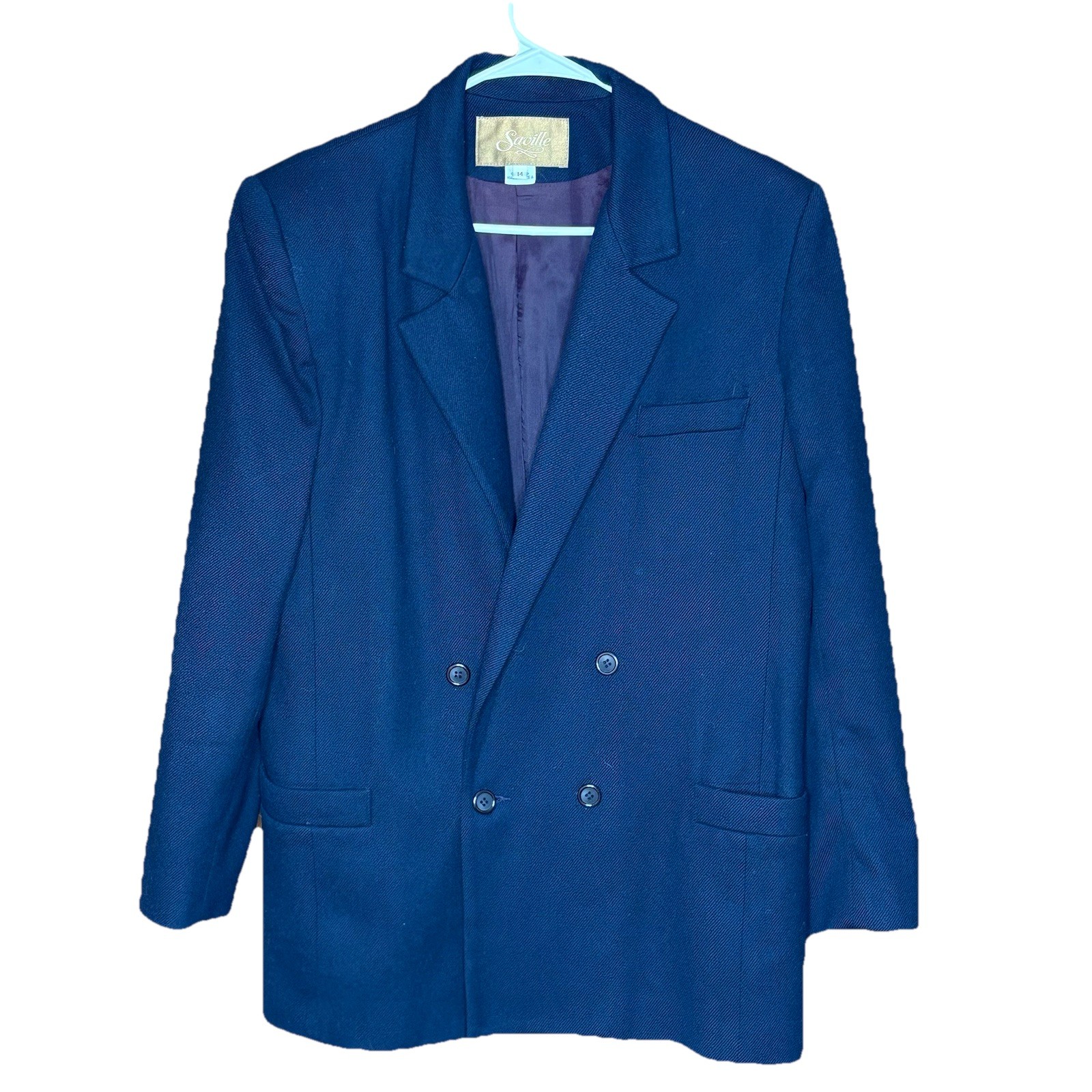 VTG 80s Saville Wool Blazer Women 14 Navy Double Breasted Classic Academia Work