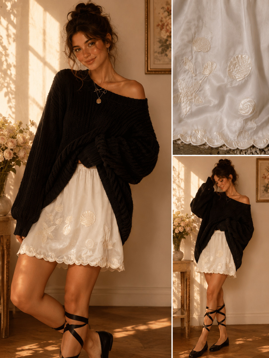 NWT Vintage Odette Barsa Half Slip L White Seashell Embroidery Portugal Coquette