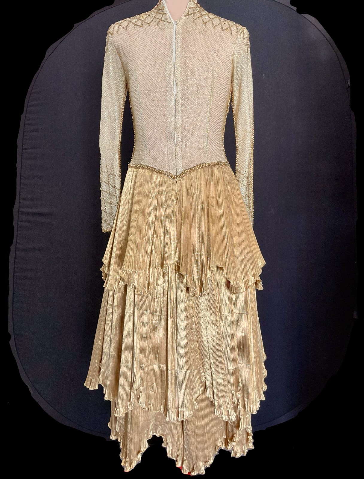 Vintage Golden Performance Gown with Sequins and Beading Size Small
