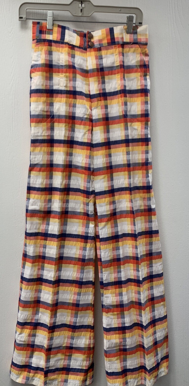 70’s Vintage White/Yellow/Red/Blue Seersucker Plaid Hippie Bell Bottom Pants NWT