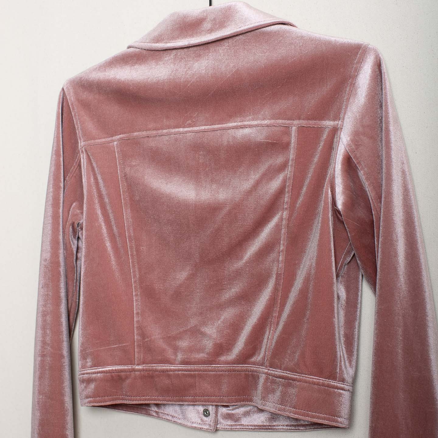 Pink Velvet Crop Jacket Zip Front Snap Cuff Dual Pockets S/M 90s Y2K Style