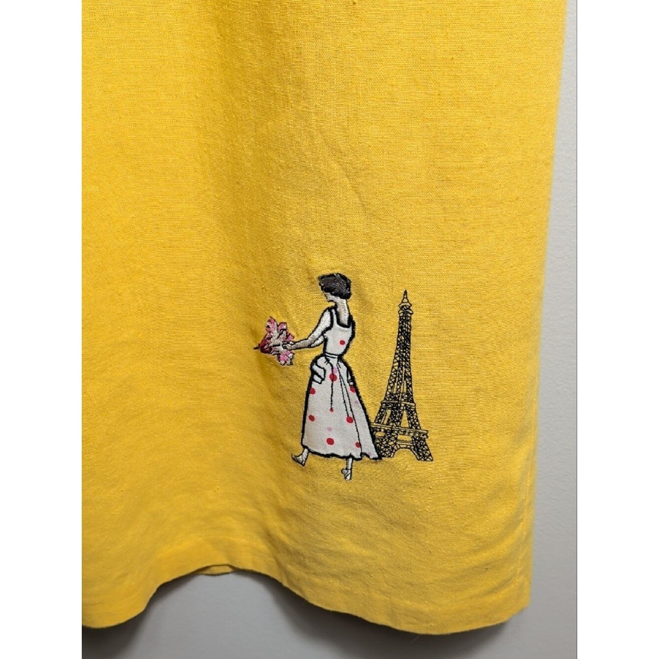 Vtg 90s Yellow Linen Two Piece Maxi Dress Set Paris Embroidery Euro Summer XL