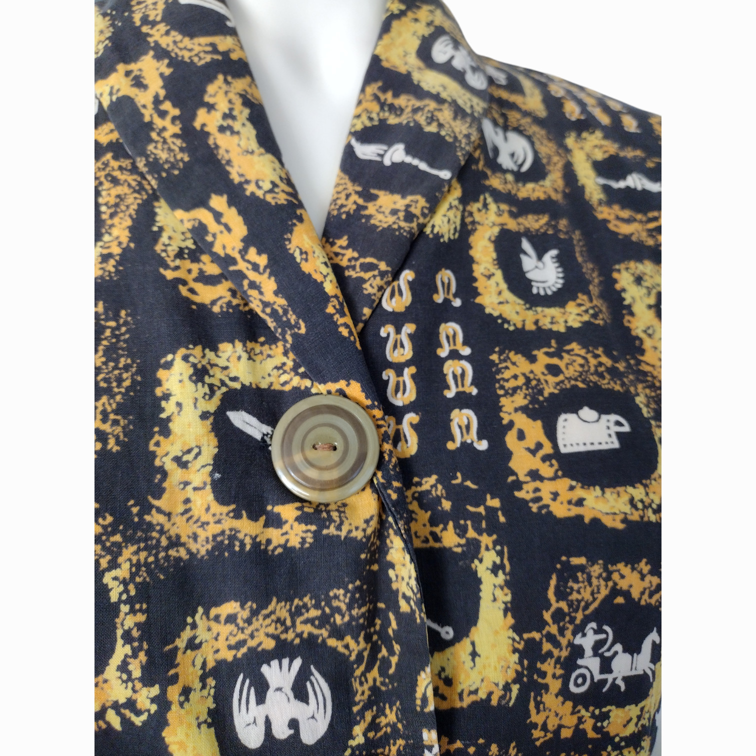 Vintage 1950s Black and Yellow Spartan Warrior Novelty Print Midi A Line Dress