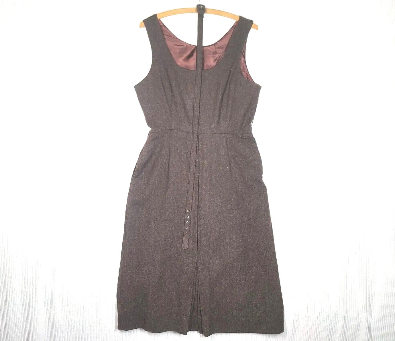 Vtg 60s Pinafore Dress M L 32w Brown Wool Woven Low Neck Mod Retro MCM M L wBelt