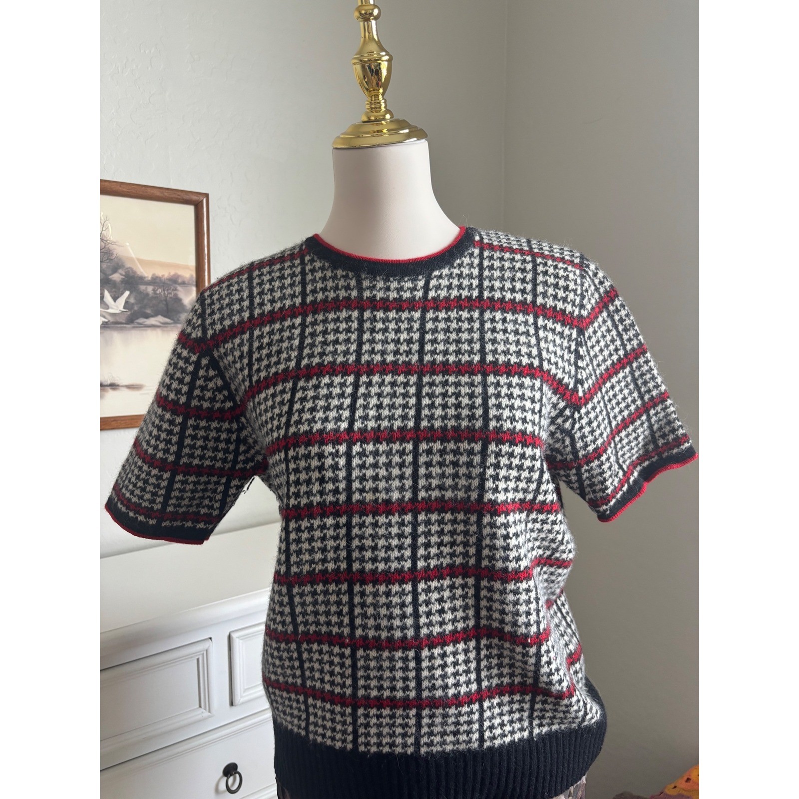 Vintage Evan Picone Houndstooth Plaid Lambswool Angora Sweater Black Red M