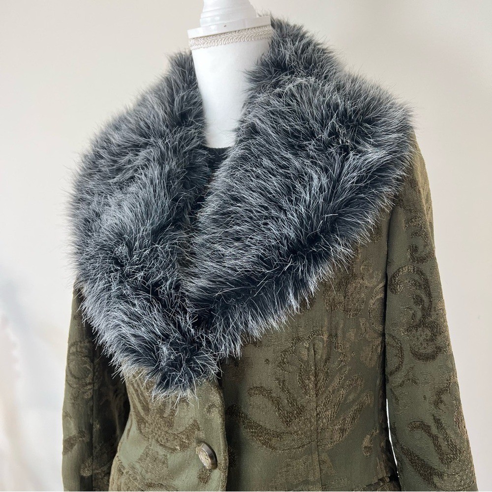 Giacca Gallery Vintage 90s/Y2K Dark Green Embroidered Boho Jacket Faux Fur 🦚
