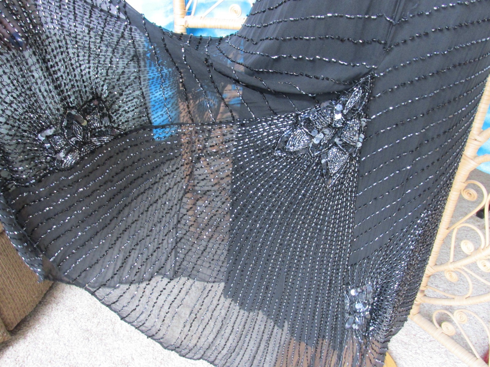 Vintage Para Black Silk Beaded Gown Sheath Keyhole Back Flared Hem SZ 10