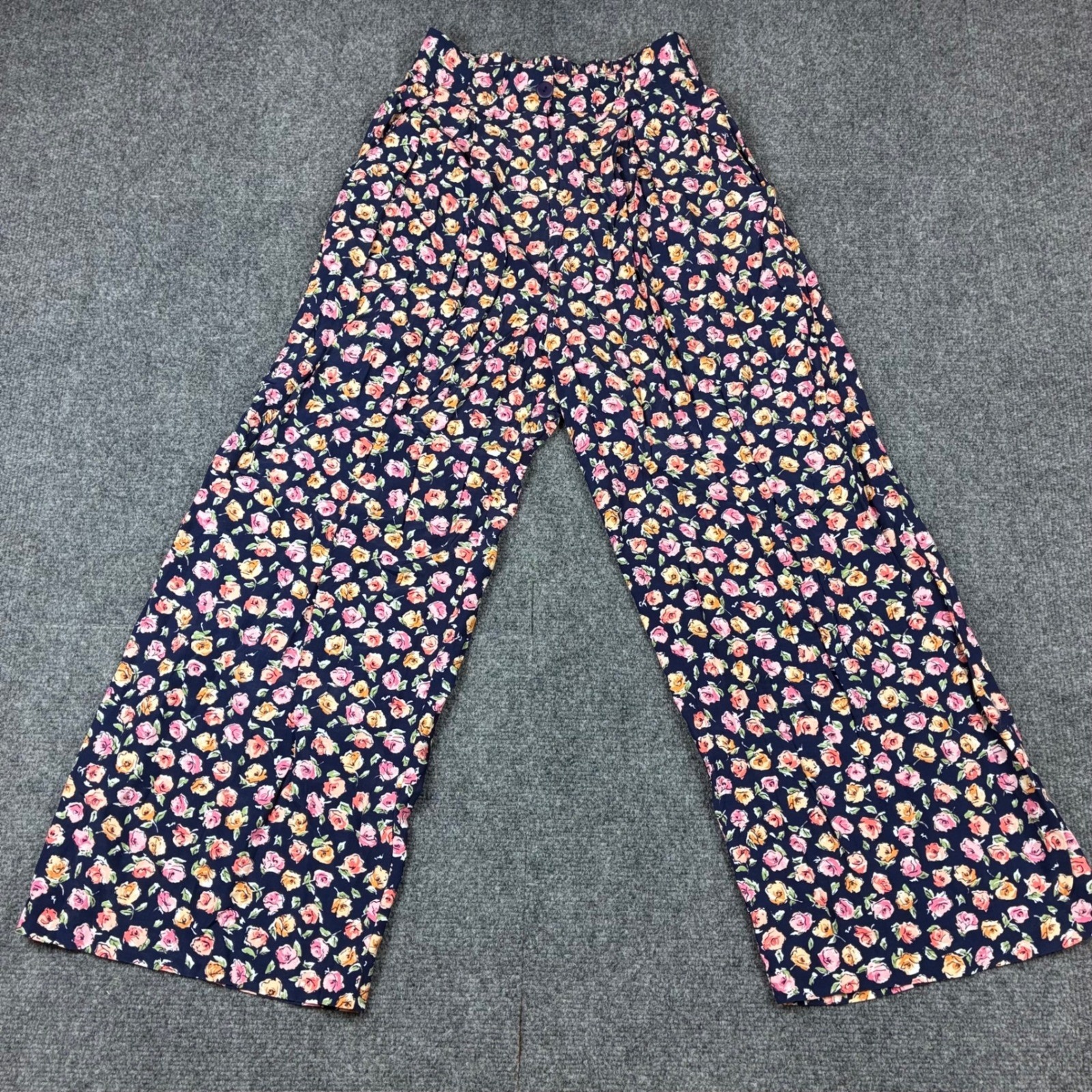 Vintage Wrapper USA Floral Wide Leg Pants Navy Pink Orange Rose Print Medium NWT