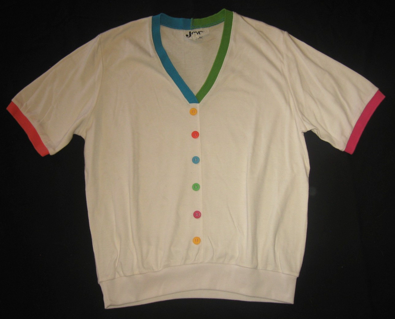 VtG 1980s White Knit Short Sleeve V-Neck Joyce Top Primary Colors Neon Shirt M