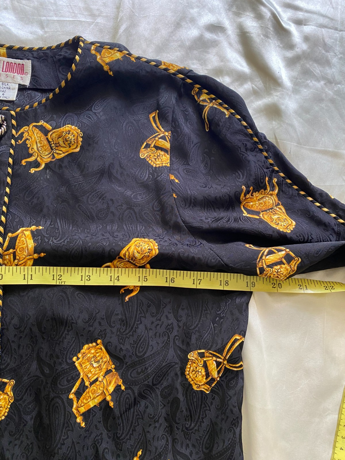 Vintage 1990s 100% Silk Baroque Chair Black Gold Novelty Blouse Size 6