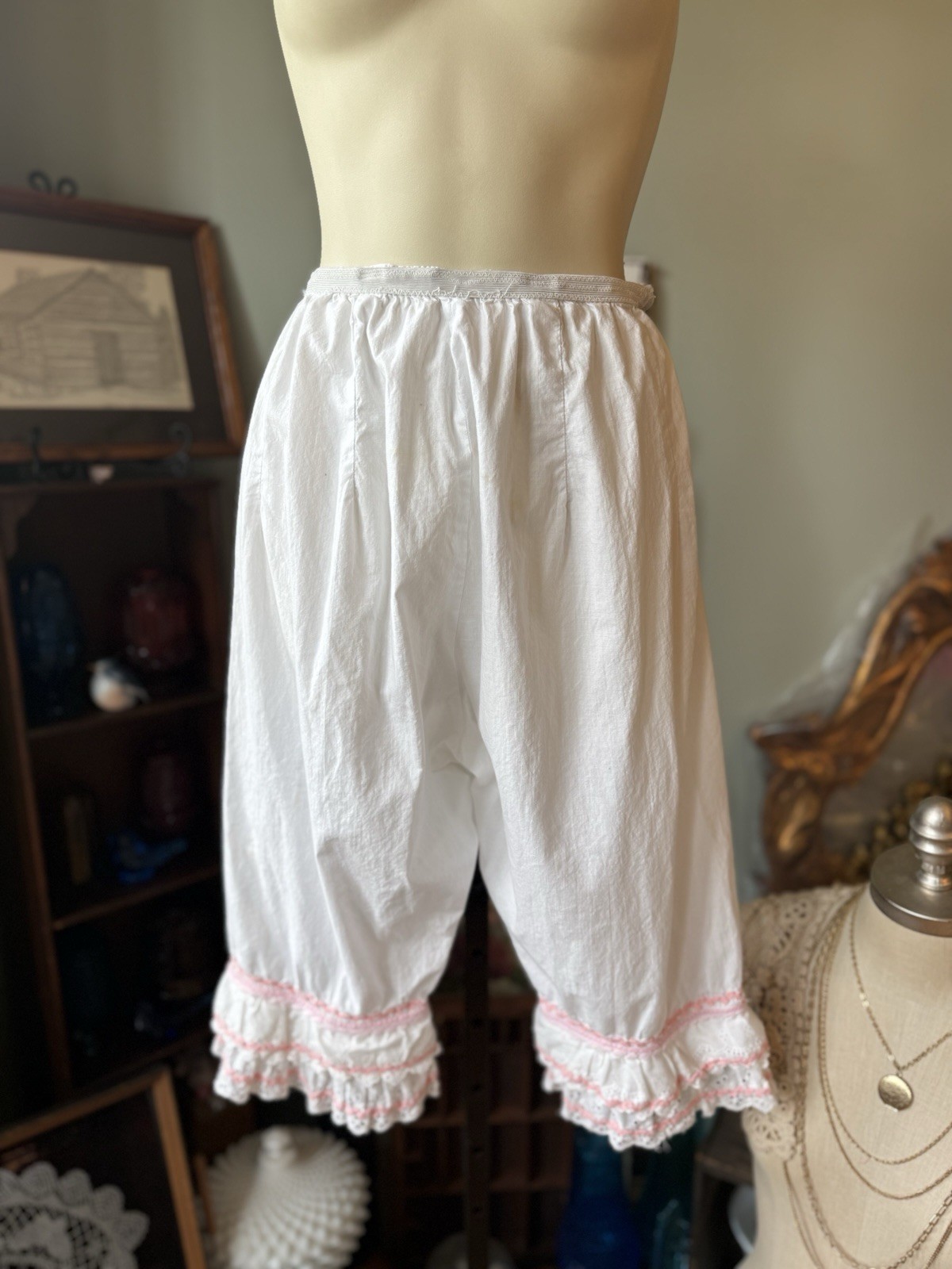 VINTAGE HANDMADE BLOOMERS RUFFLED HEM ELASTIC WAIST LONG PANTALOONS OFF WHITE