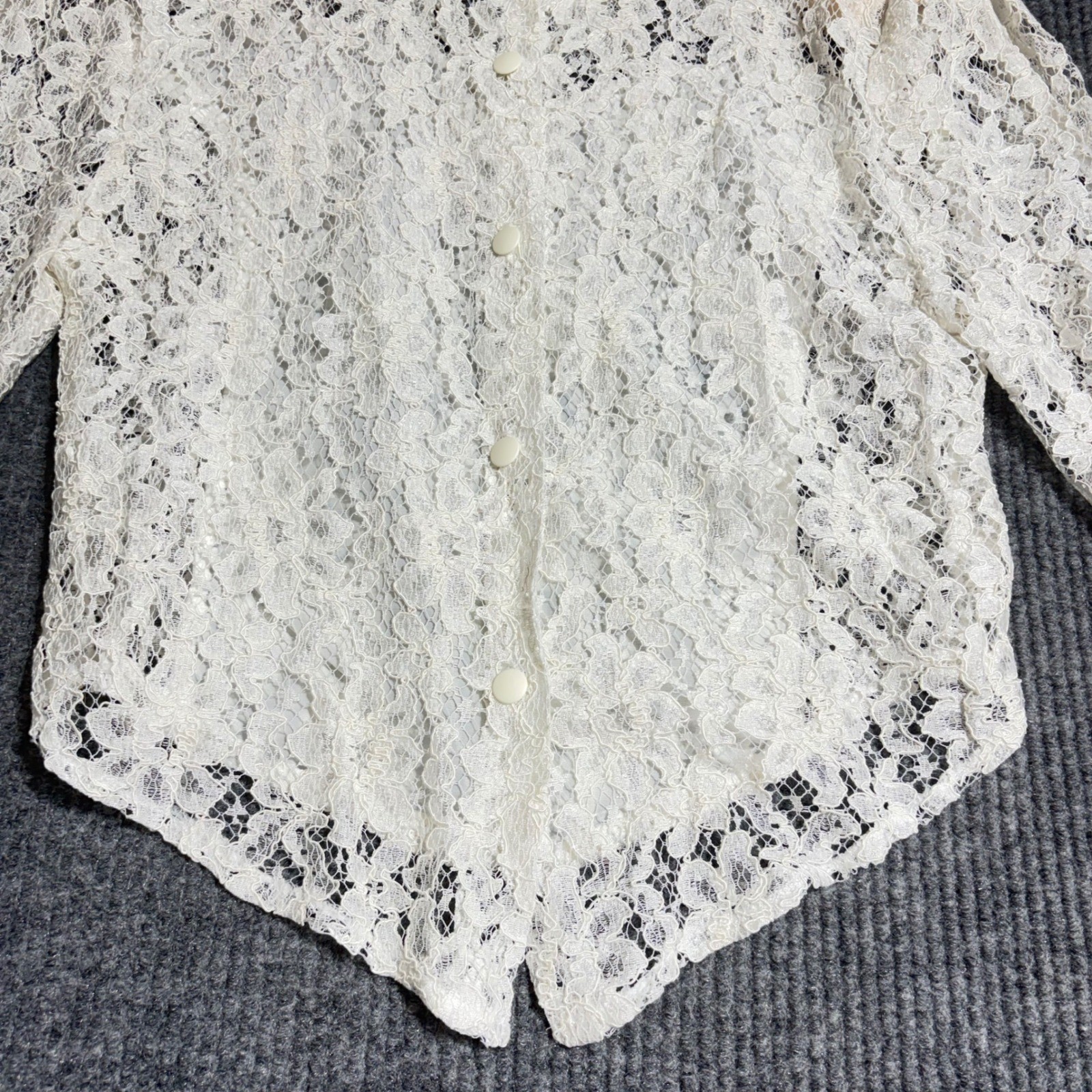 VTG Off White Floral Lace High Neck Button Blouse Sheer Beaded Back Top France