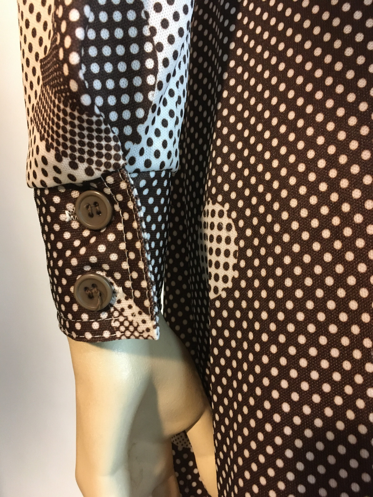 1970s True Vintage Brown Floral Graphic Optic Dot Matrix Geometric Nylon Dress S