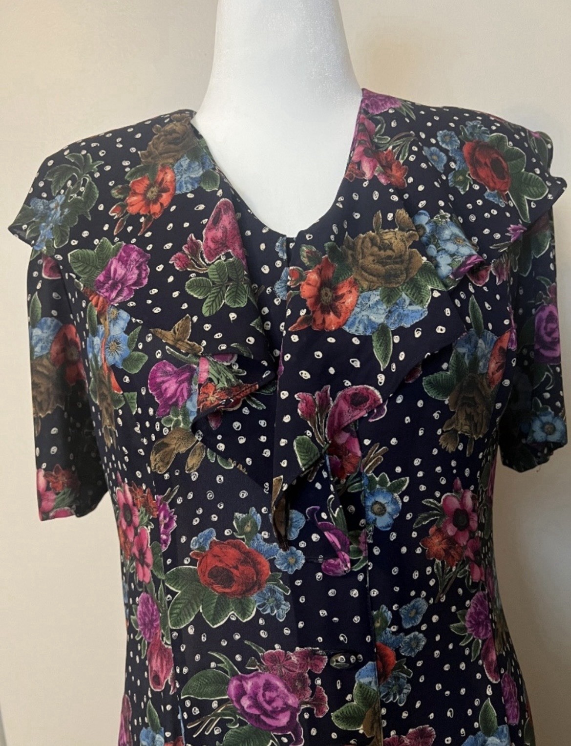 Vintage Floral Leslie Fay Ruffle Collar Printed Maxi Dress