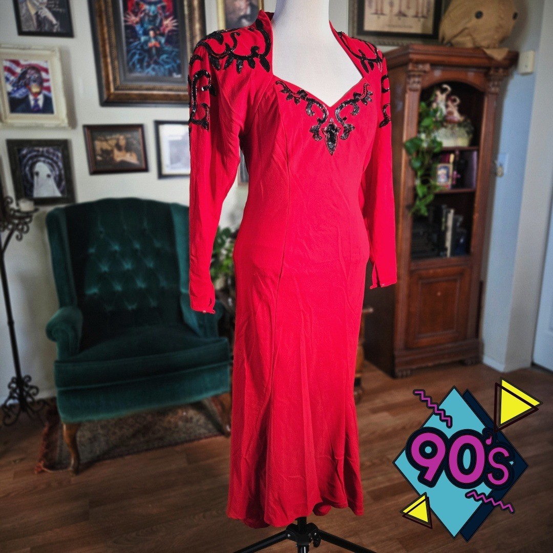Vintage 90s Red Beaded Open Back Maxi Dress Prom Evening Maxi Gown Small