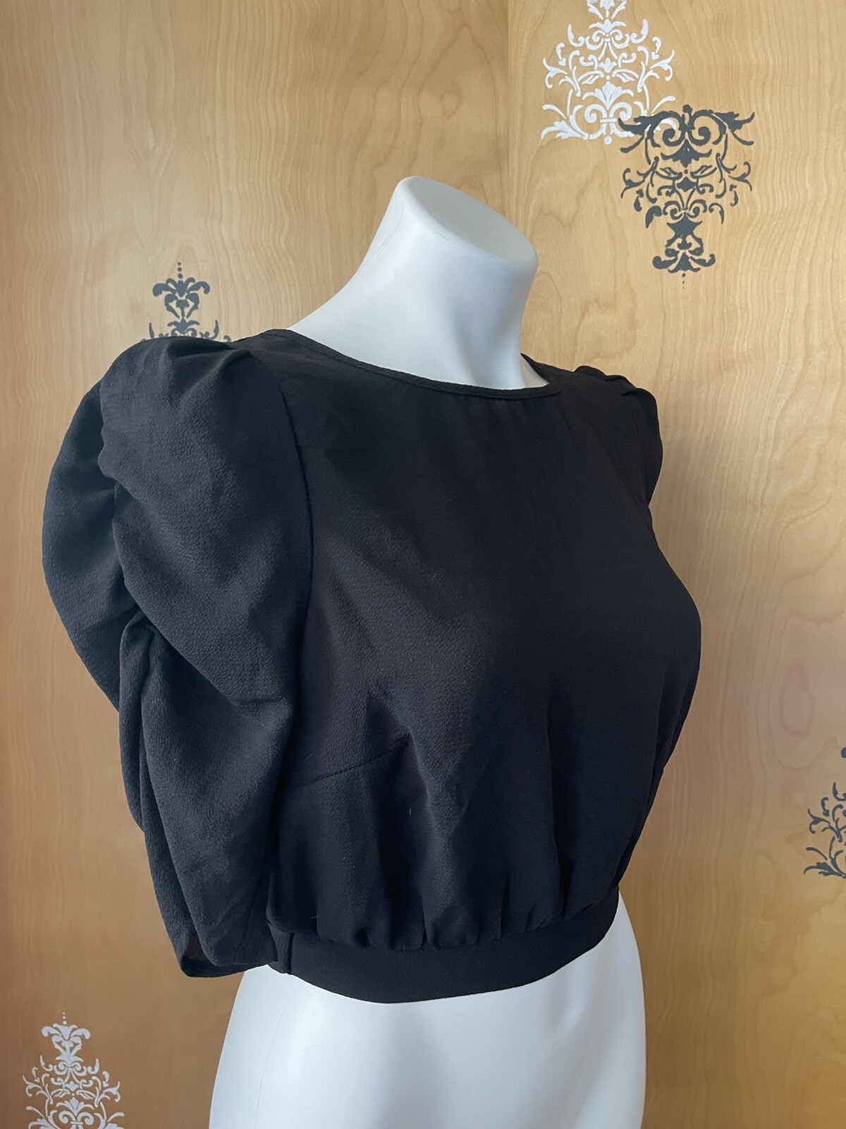 NWT Y2K 2000 Peplum Blouse Crop Top 1/2 Sleeve Adjustable Tie Strings Black S/M