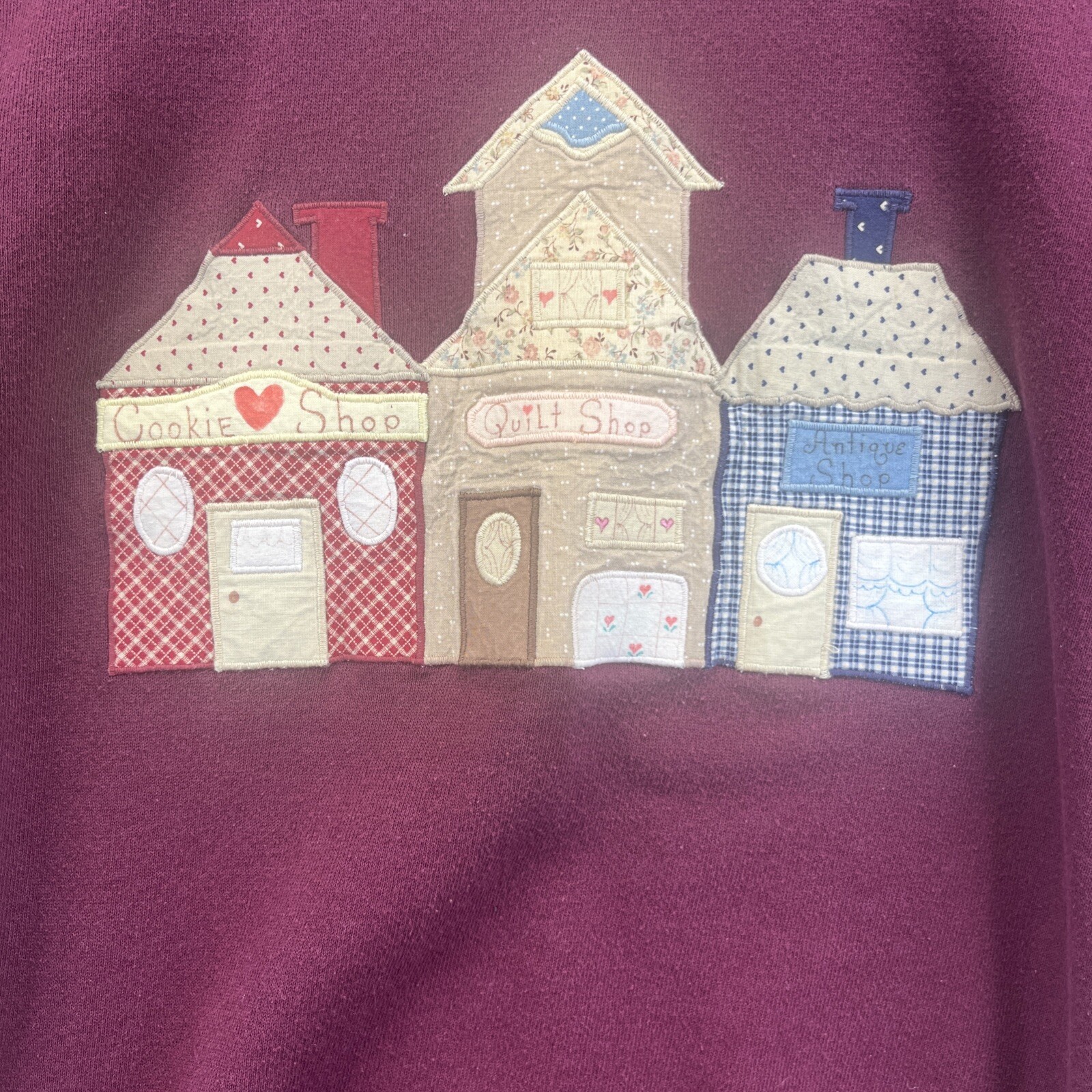 Jerzees Maroon L Collared Patchwork Sweatshirt Cookie Quilt Antique Shop Vintage