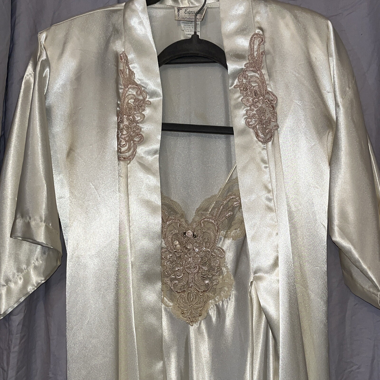 Vintage Expressions Sm Bridal Robe Gown PEIGNOIR SET Cream Sateen Lace Beading