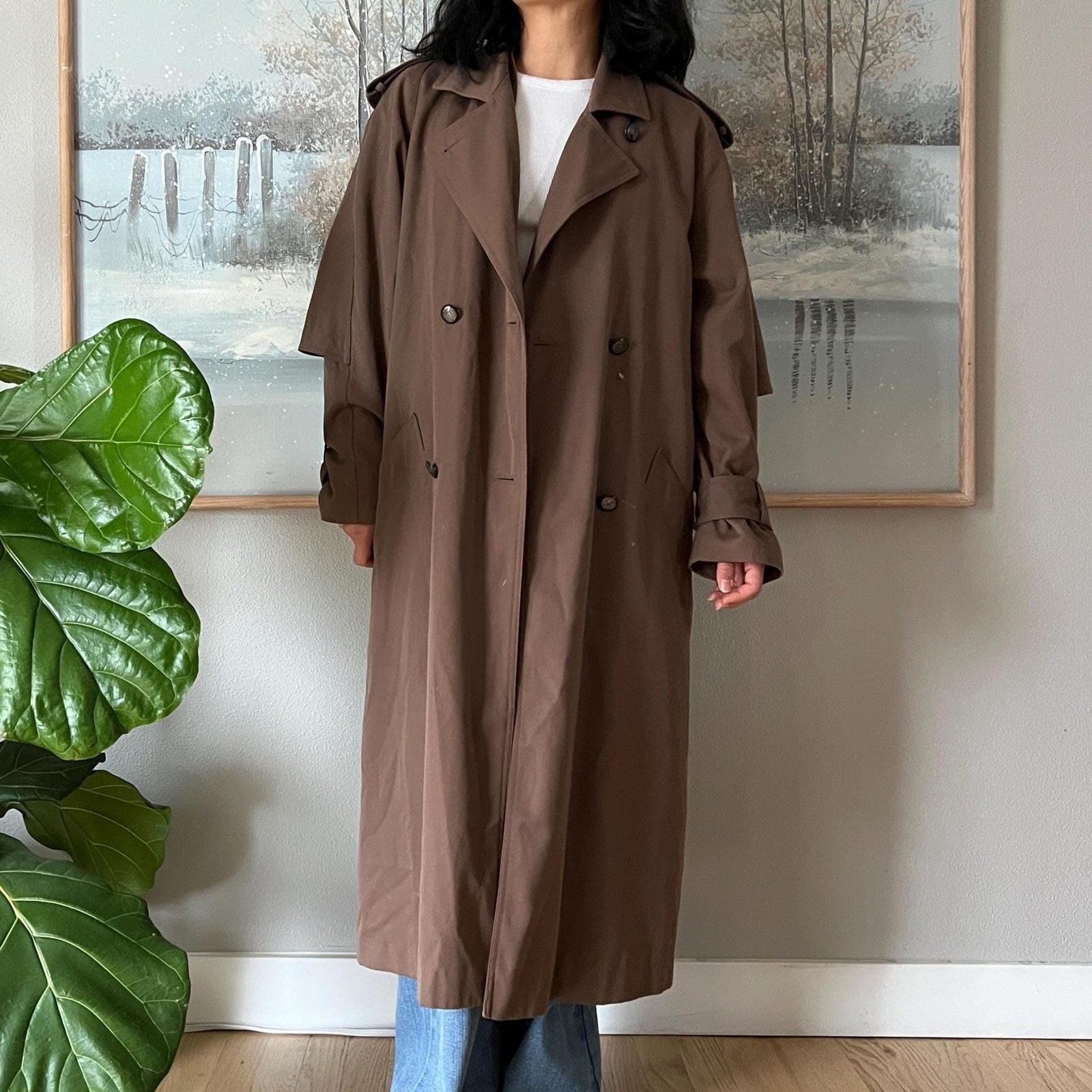 Vintage Brown Trench Coat Minimalist Long Coat Classic Oversized 90s Chic