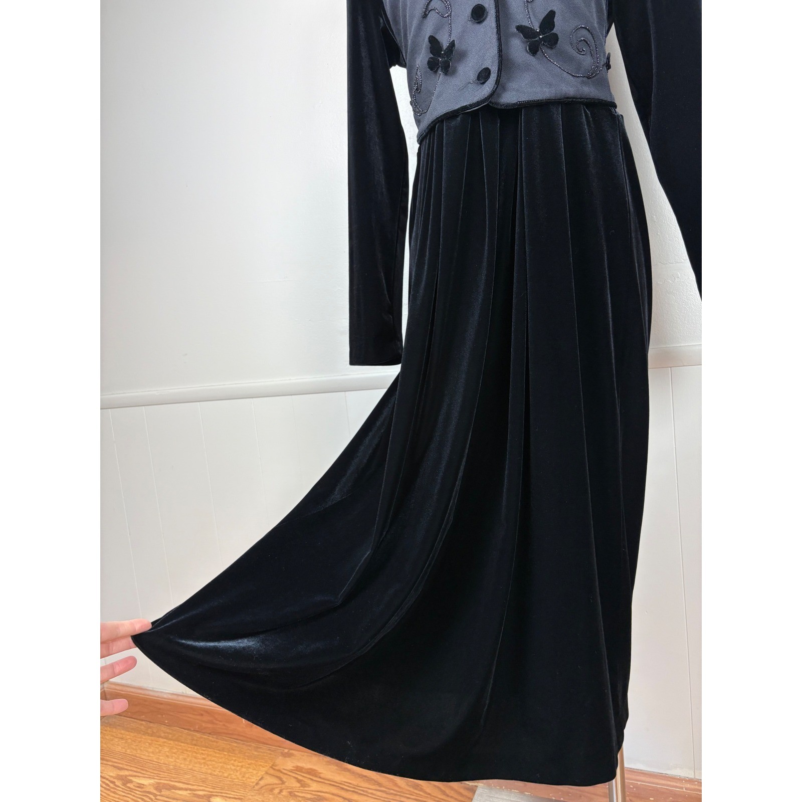 J.B.S. Ltd Vintage Velvet Midi Dress with Beaded Faux Vest Sz 12 Modest 80s 90s