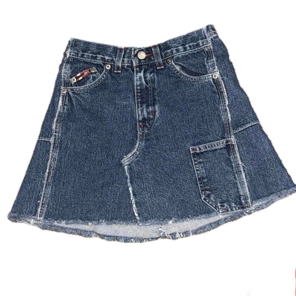 👗🧷 BUGLE BOY Vintage 90s Y2K Upcycled Denim Mini Skirt l Fits Sz 26″
