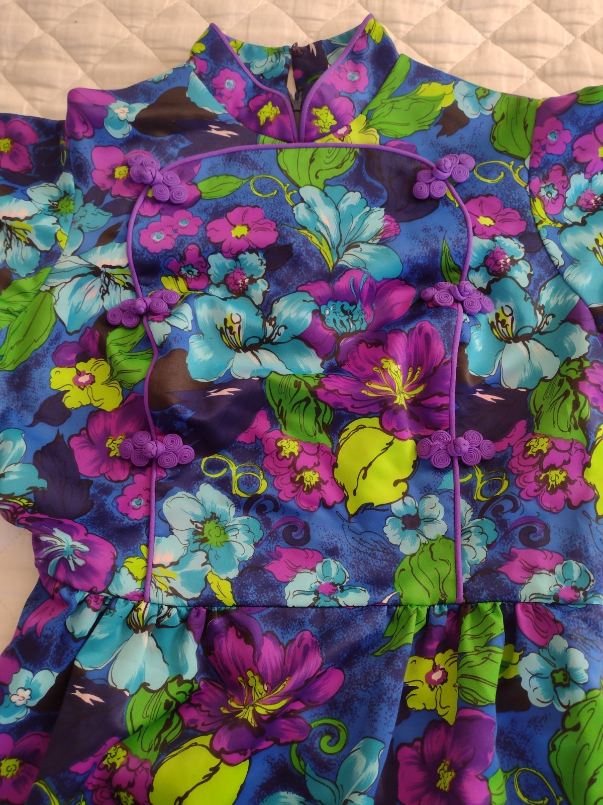 1960s Vtg Floral Hostess Gown Cheongsam Pagoda Mod Maxi Mcm Glam Japanese 70s