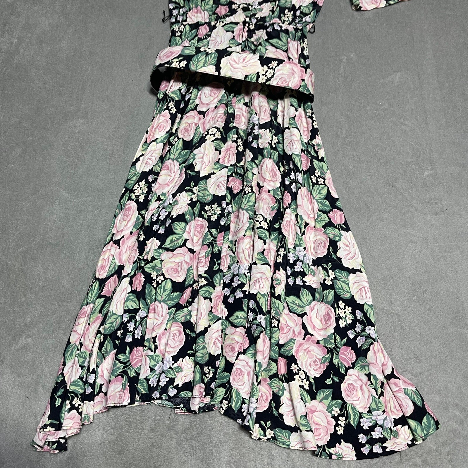 Vintage ED Michaels Dress Womens 5 6 Floral Rose Belted Modest Maxi Short Sleeve