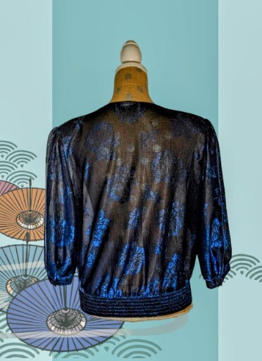 VINTAGE FREJANI Shiny SPECIAL OCCASION Blouse SHEER Blue Sz Large 1/2 Sleeve