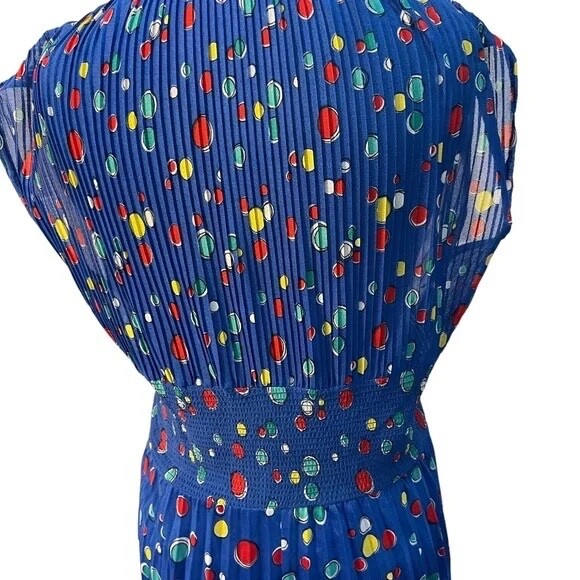Vintage Jonathan Logan 1975s Paint Dot Print Crepe Blue MultiColor V Neck Dress