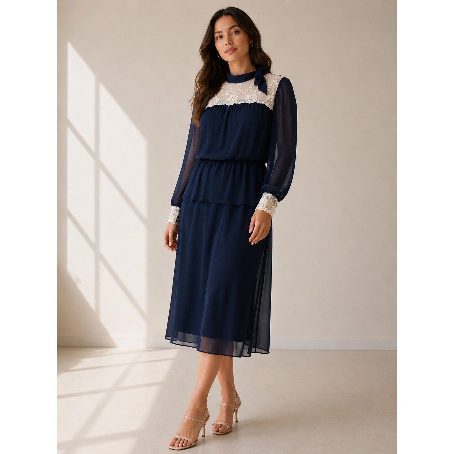 Vintage 70s Argent Fille Ltd Midi Dress m/L Navy Lace Chiffon Victorian Prairie