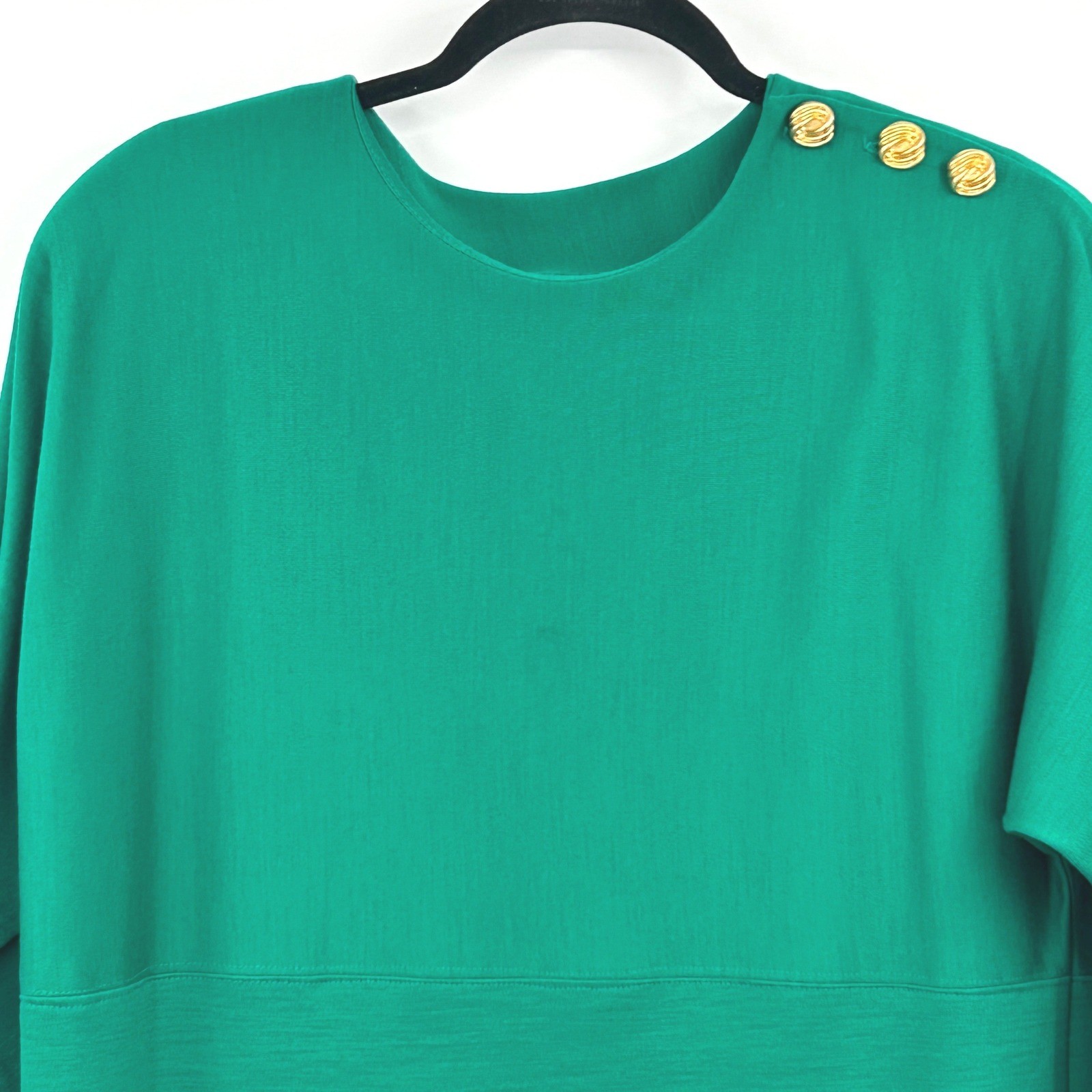 Womens Vintage 80s Wool Shift Dress S Green Gold Button Minimalist Collectibles