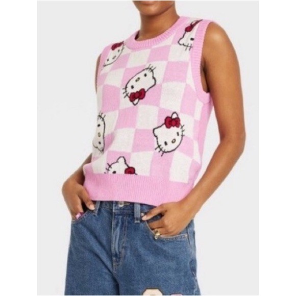 Hello Kitty Pink Checkerboard Cropped sweater Knit Vest size XL