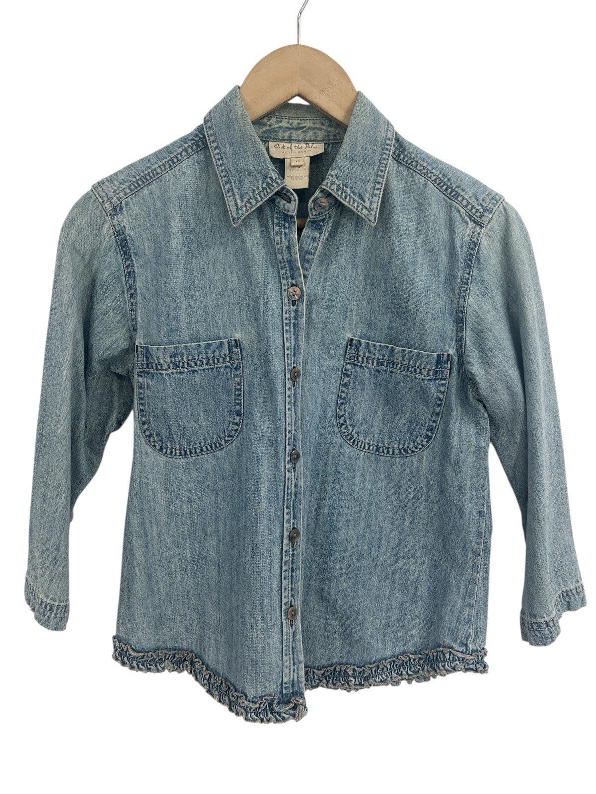 Vintage Y2K J Jill Denim Ruffle Hem 3/4 Sleeve Button Down XS Chambray Western