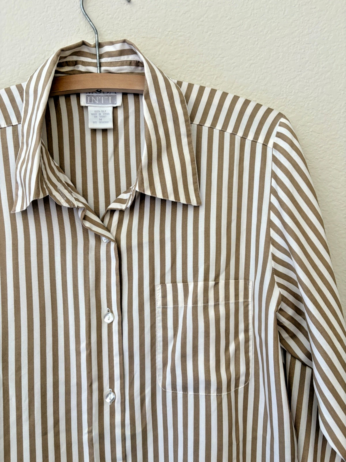 Vintage 1990s Silk Nude Striped Button Down Blouse M Sleek Minimalist Polished