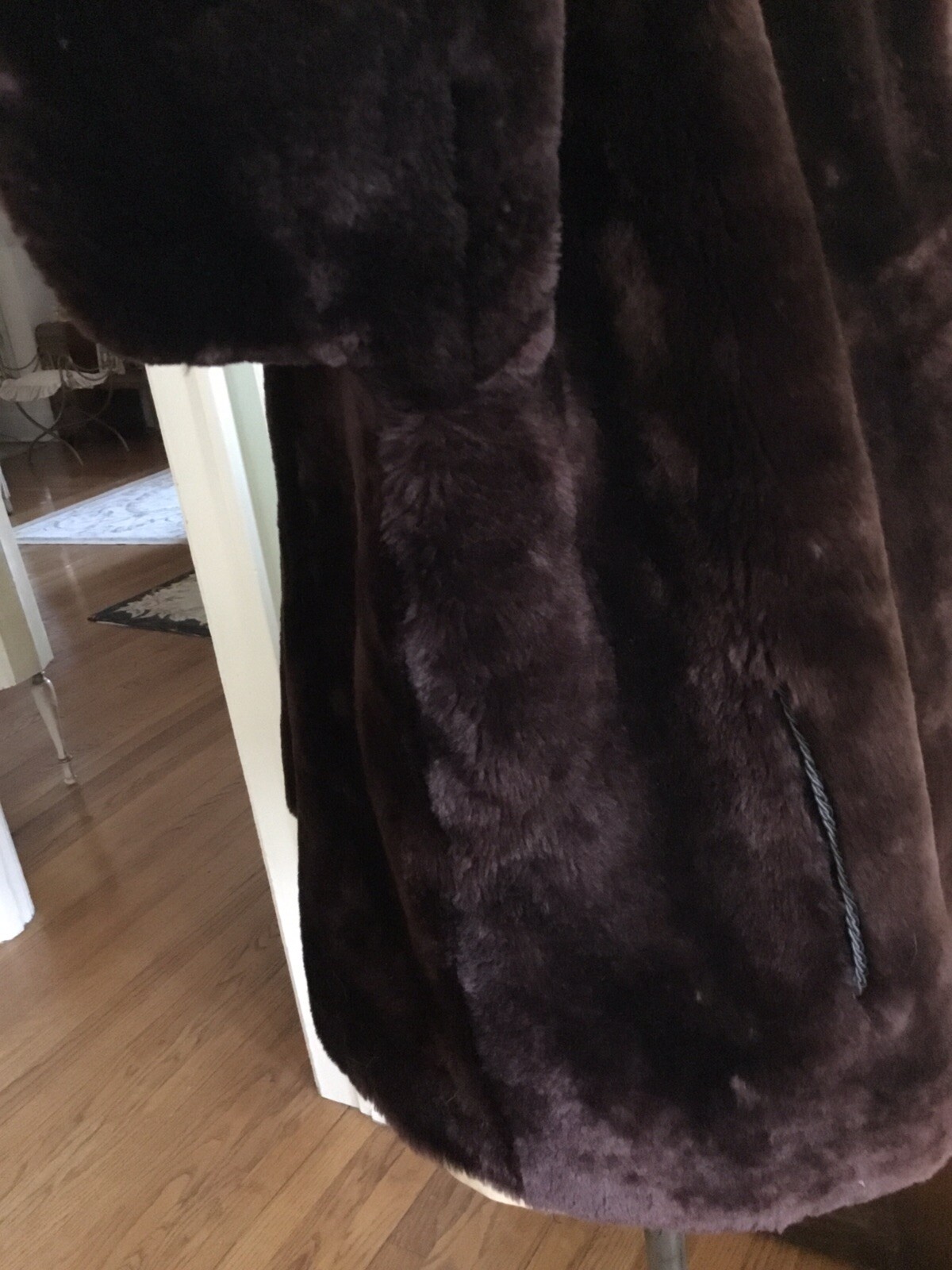 Vintage Mouton Lamb Fur Coat Dark Chocolate Brown Shawl Collar Cuffs Pkts Lined