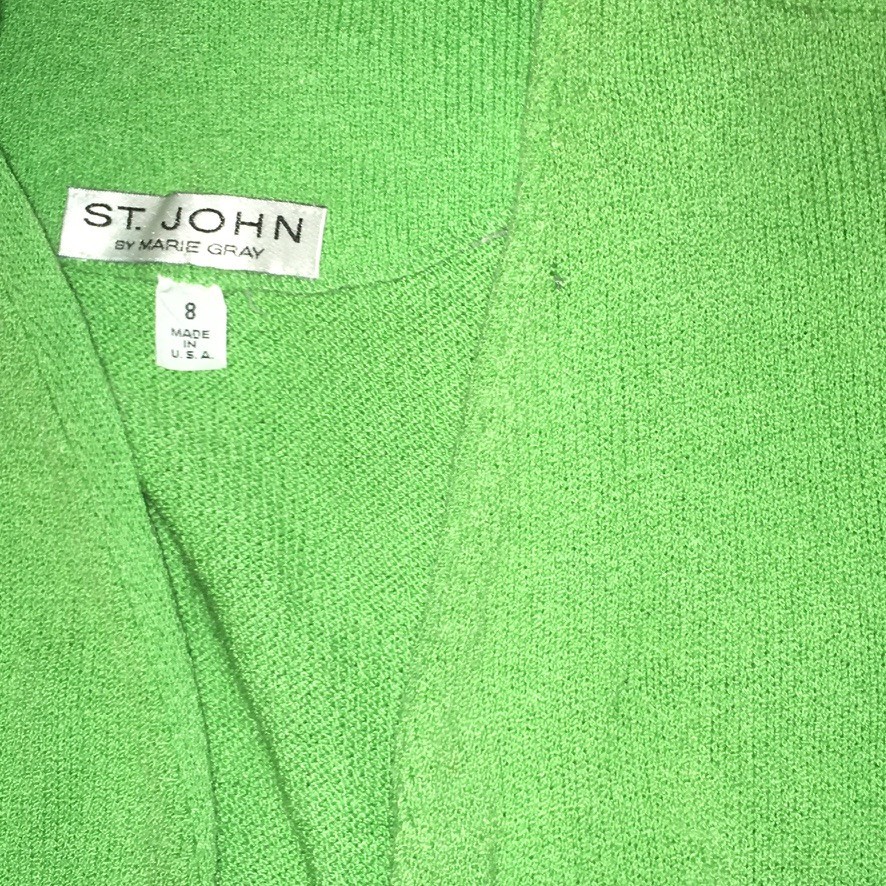 Vintage St. John by Marie Gray Knit Green Dress Puff Sleeves Size 8 1980s V-neck