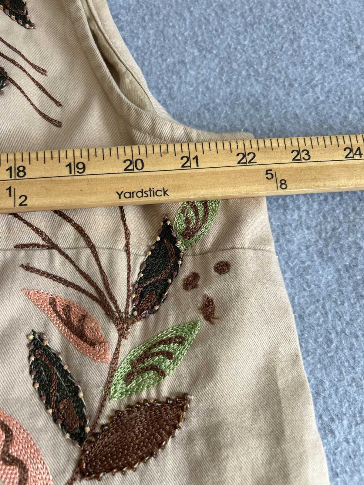 Dress Barn vintage-style tan vest With embroidered floral patterns, bohemian, 1X