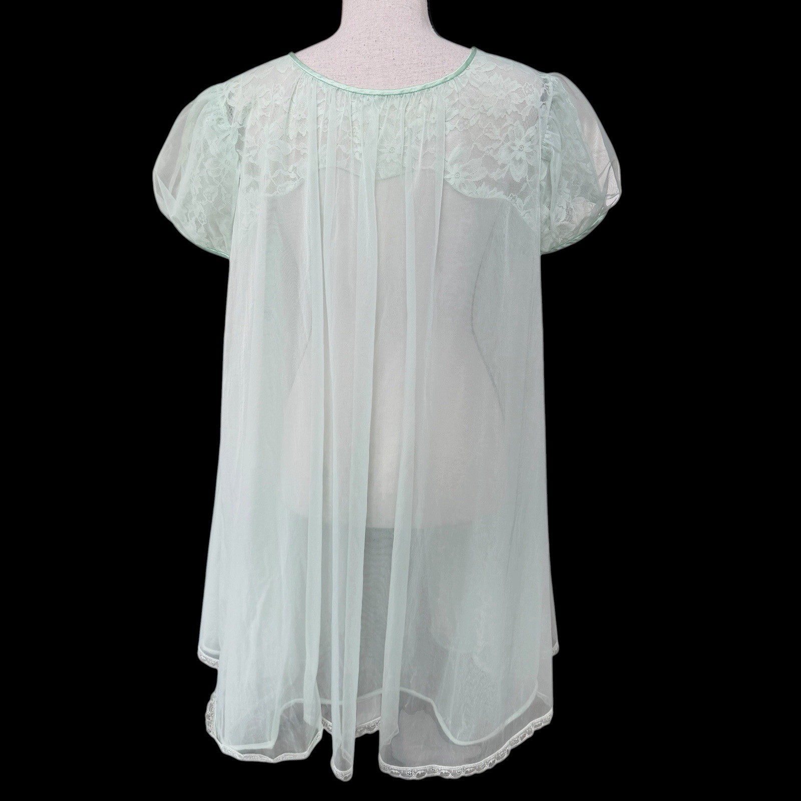 Vintage 60s Vanity Fair Sheer Nylon Peignoir Robe Lace Mint Green Medium