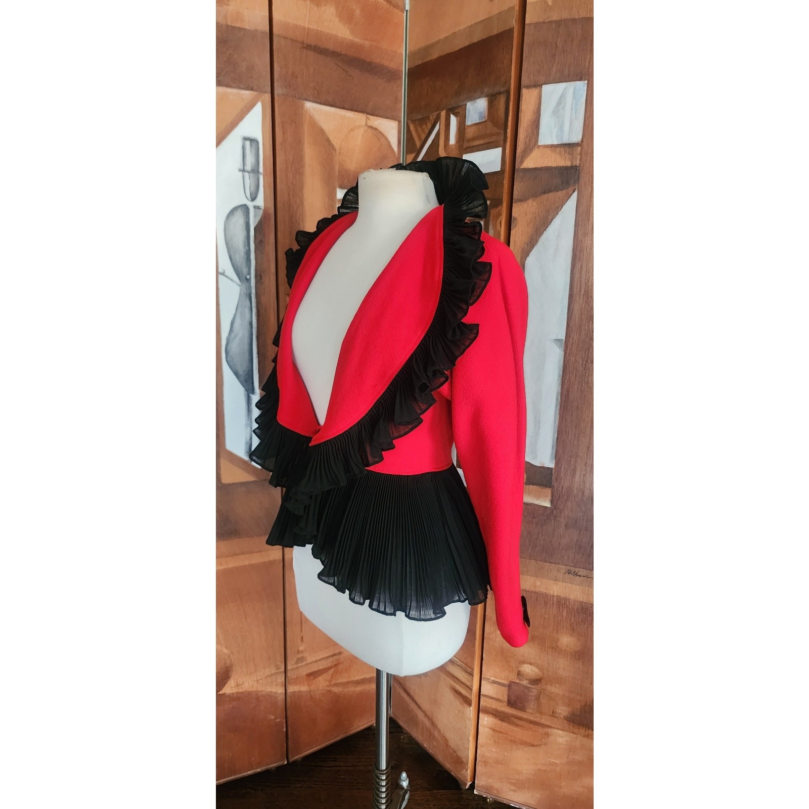 Vintage 1980s Jean Muir Jacket Red Black Ruffle Trim Evening Blazer with Peplum