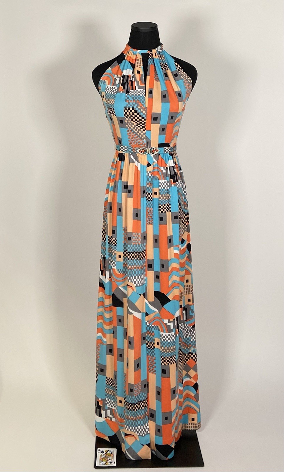 033 1970s Halter dress set, jacket, orange op-art Pat Sandler size XS VG!