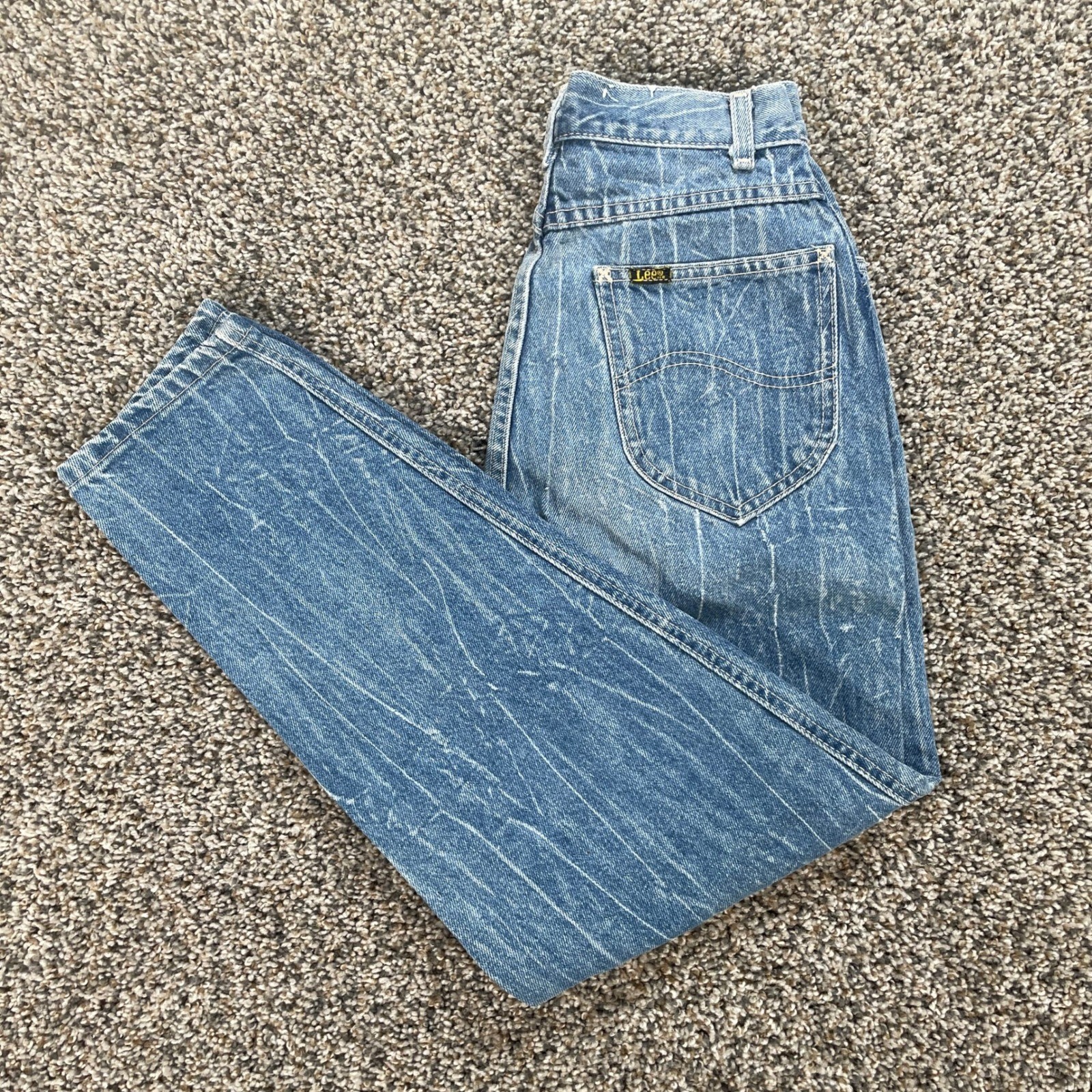 Vintage Lee Women’s 23×25 Mom Jeans Blue Acid Wash Streaked Tapered USA Made